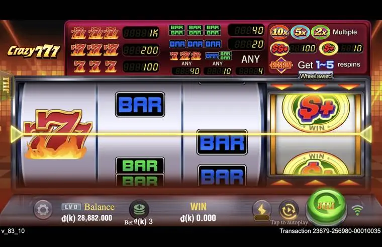 Ảnh màn hình gameplay game Crazy777 (slot JILI) chơi tại LC79